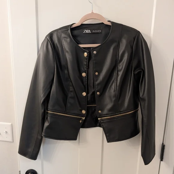 Zara Black Leather Jacket with Gold Accents - Picture 1 of 4